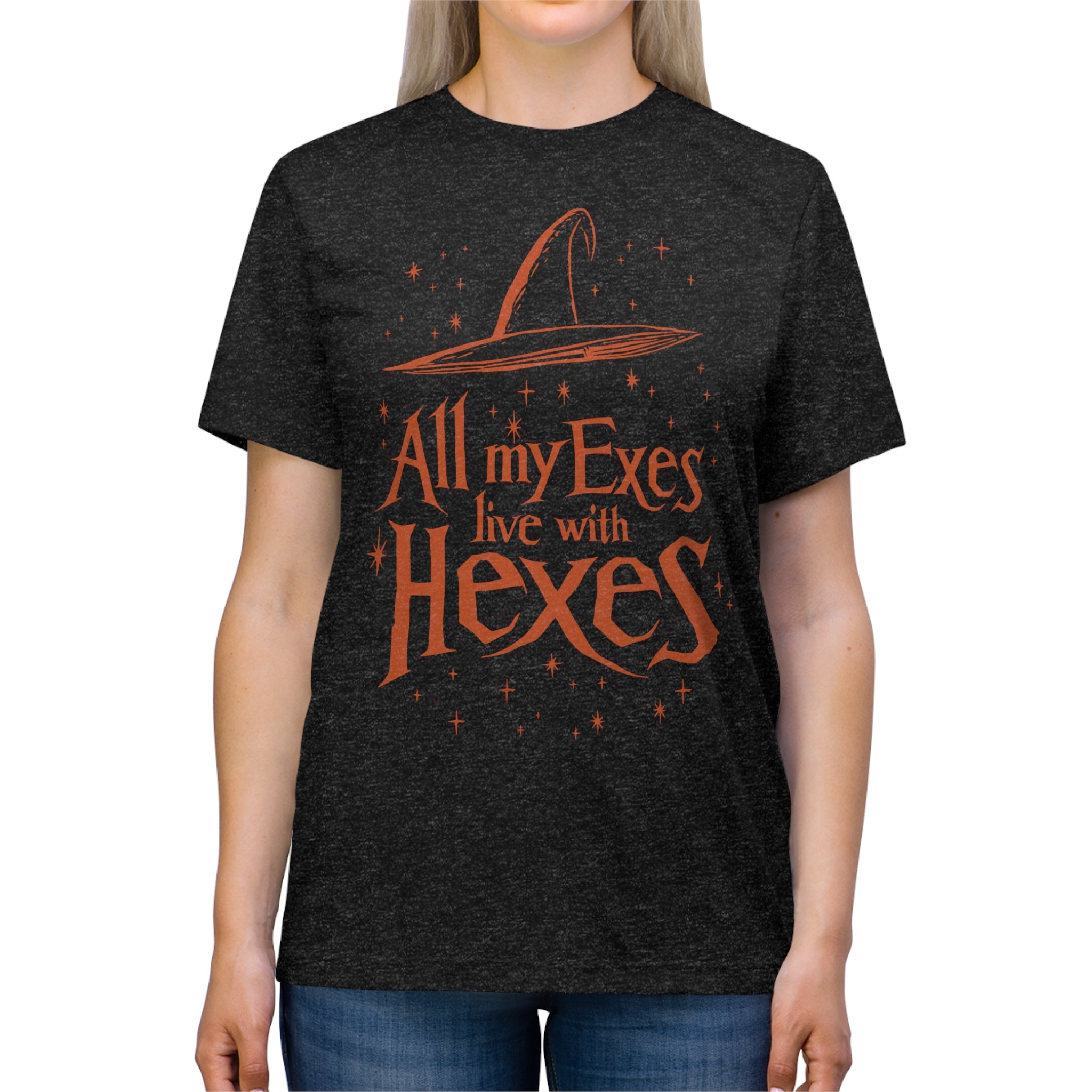 All My Exes Live With Hexes Womens Halloween Booteek Triblend Tee