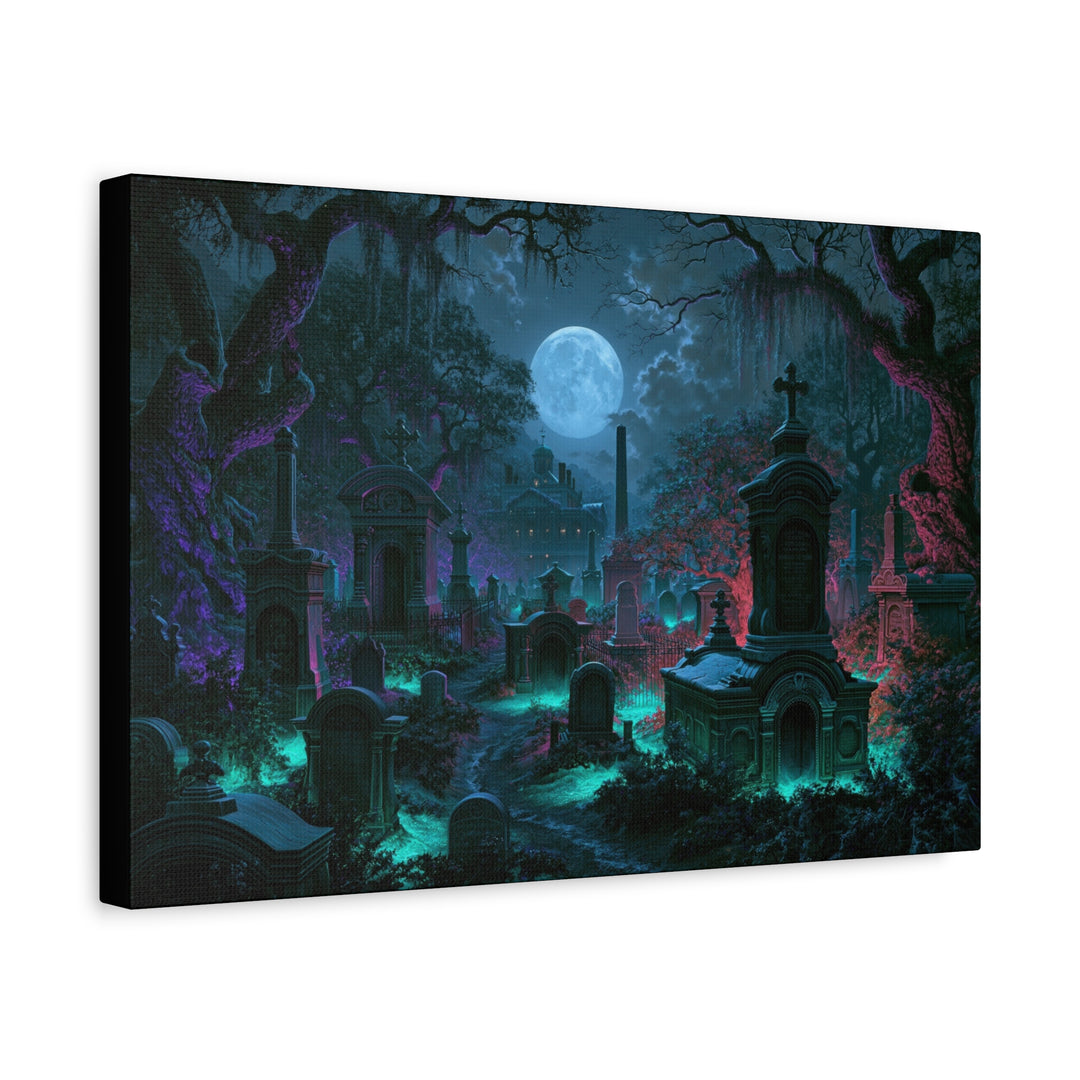 Haunted Crypts Spooky Night Cemetery Print Matte Stretched Canvas Wall Art