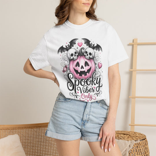 Spooky Vibes Only Pink Pumpkin Skull &amp; Bats Womens WUNDERLAND Halloween Short Sleeve Tee