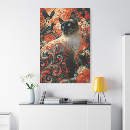Vintage Siamese Cat in Floral Garden Canvas Wall Art