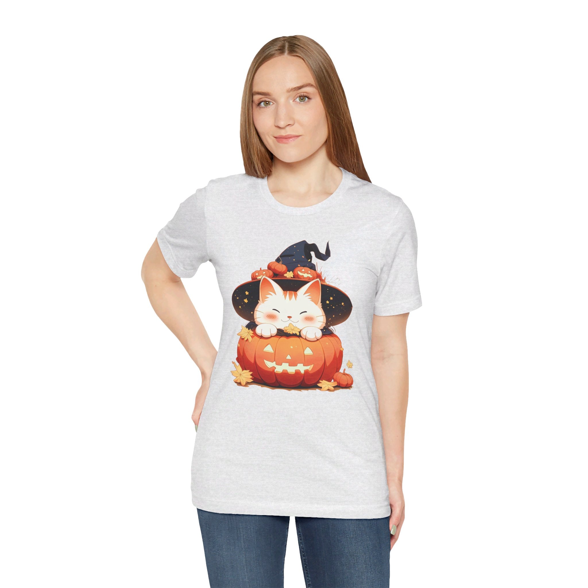 Cute Kitty Pumpkin Witch Womens Halloween Booteek Jersey Short Sleeve Tee