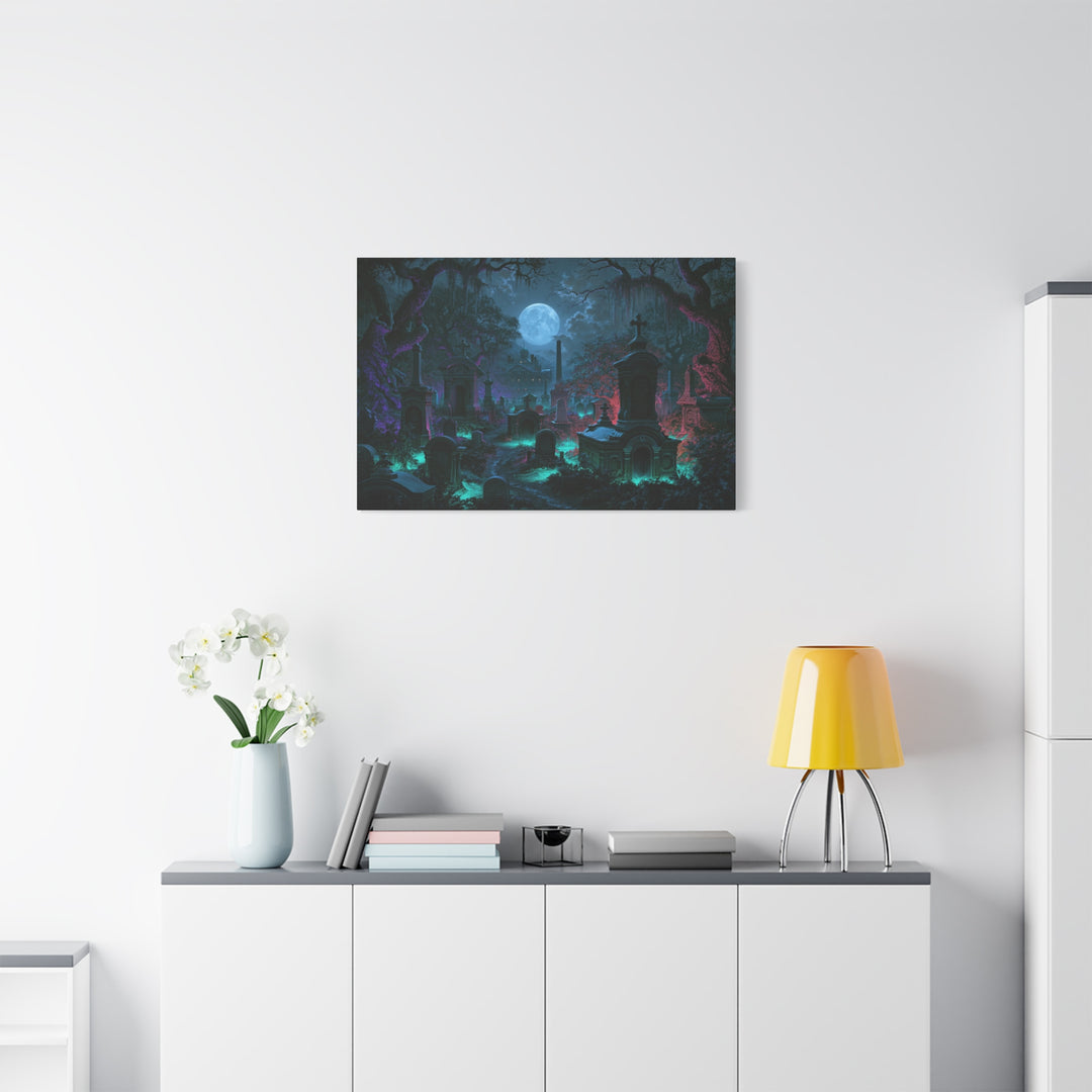 Haunted Crypts Spooky Night Cemetery Print Matte Stretched Canvas Wall Art
