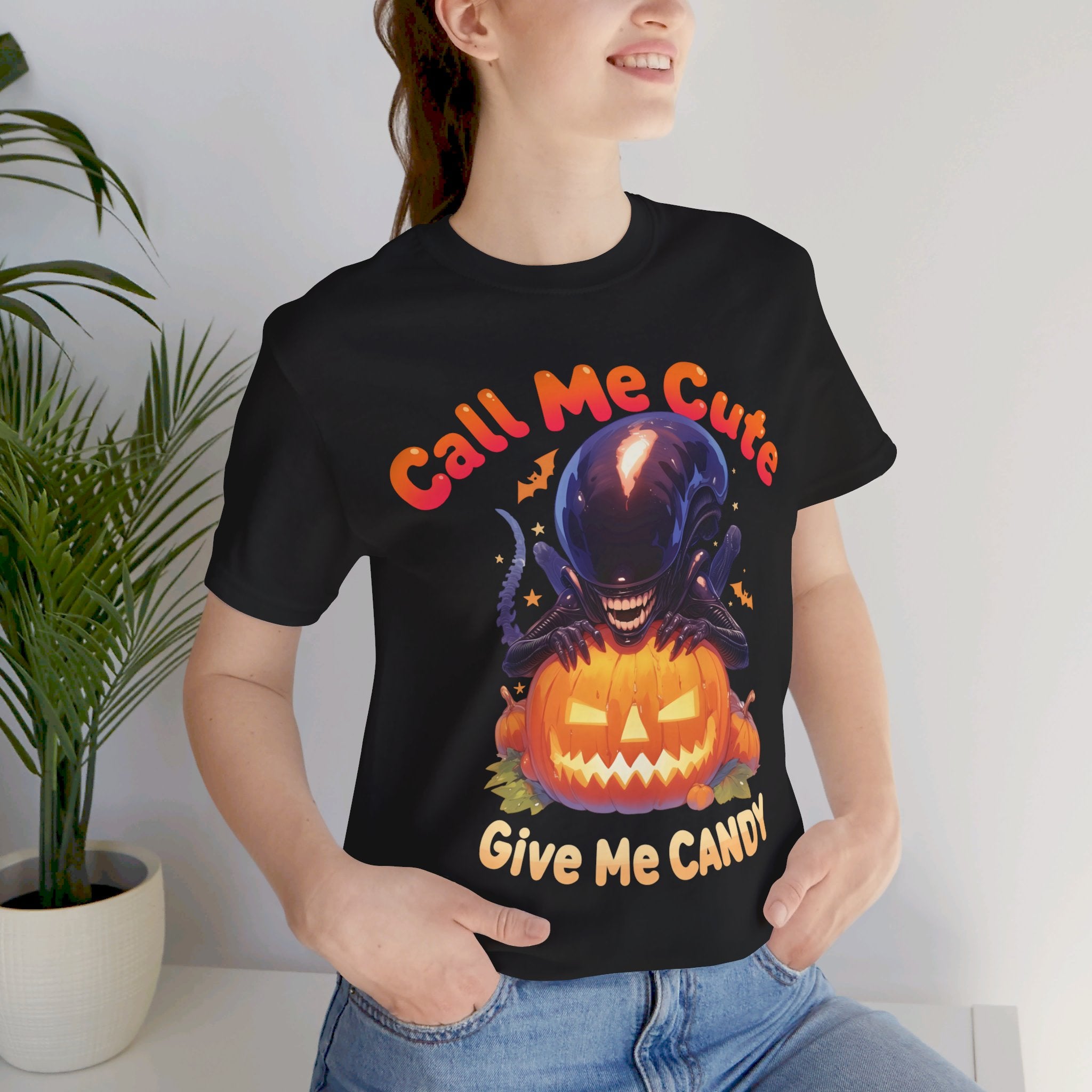 Call Me Cute Give Me Candy Womens Halloween Booteek Jersey Short Sleeve Tee