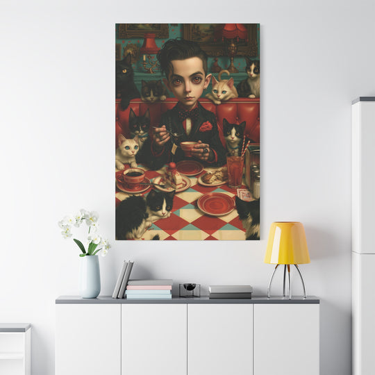 Gothic Boy with Cats Matte Stretched Canvas Wall Art
