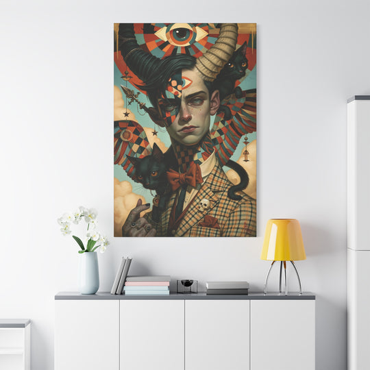 Surreal Gentleman Portrait Matte Canvas Wall Art — Horned Man with Black Cats