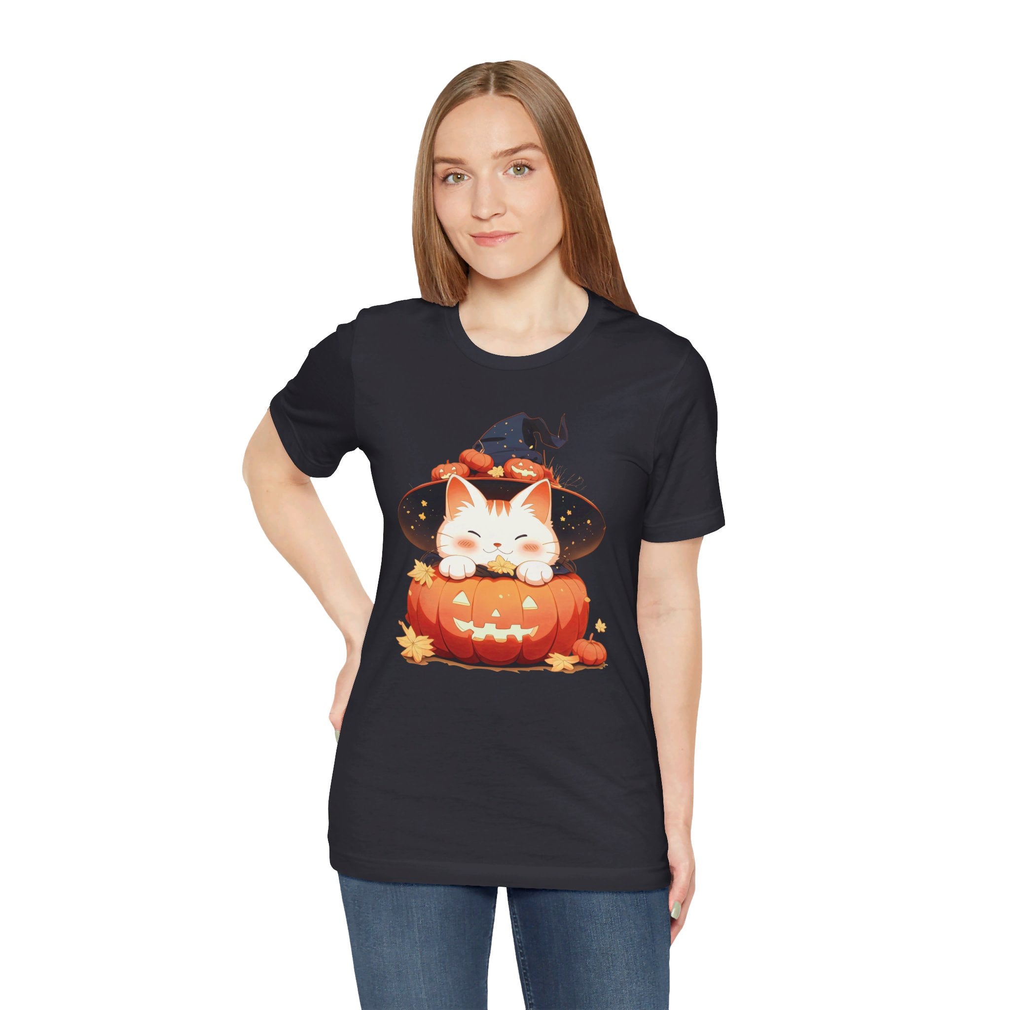 Cute Kitty Pumpkin Witch Womens Halloween Booteek Jersey Short Sleeve Tee