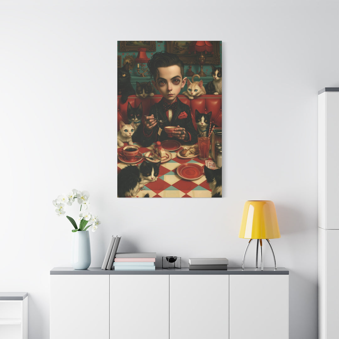 Gothic Boy with Cats Matte Stretched Canvas Wall Art