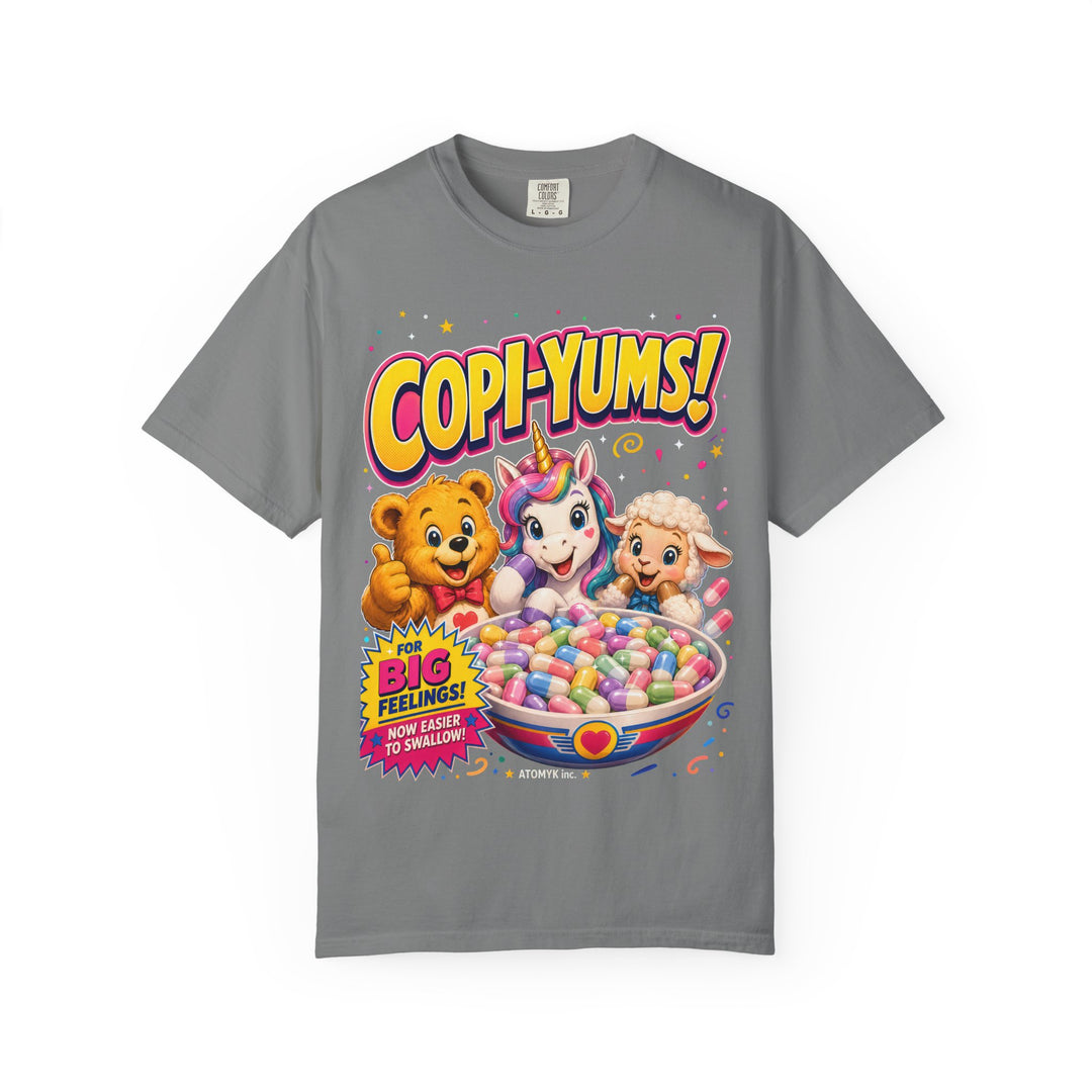 "Copi-Yums! For Big Feelings" Retro Cartoon Copium Mens ATOMYK Short Sleeve Tee