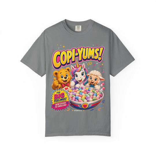 "Copi-Yums! For Big Feelings" Retro Cartoon Copium Mens ATOMYK Short Sleeve Tee