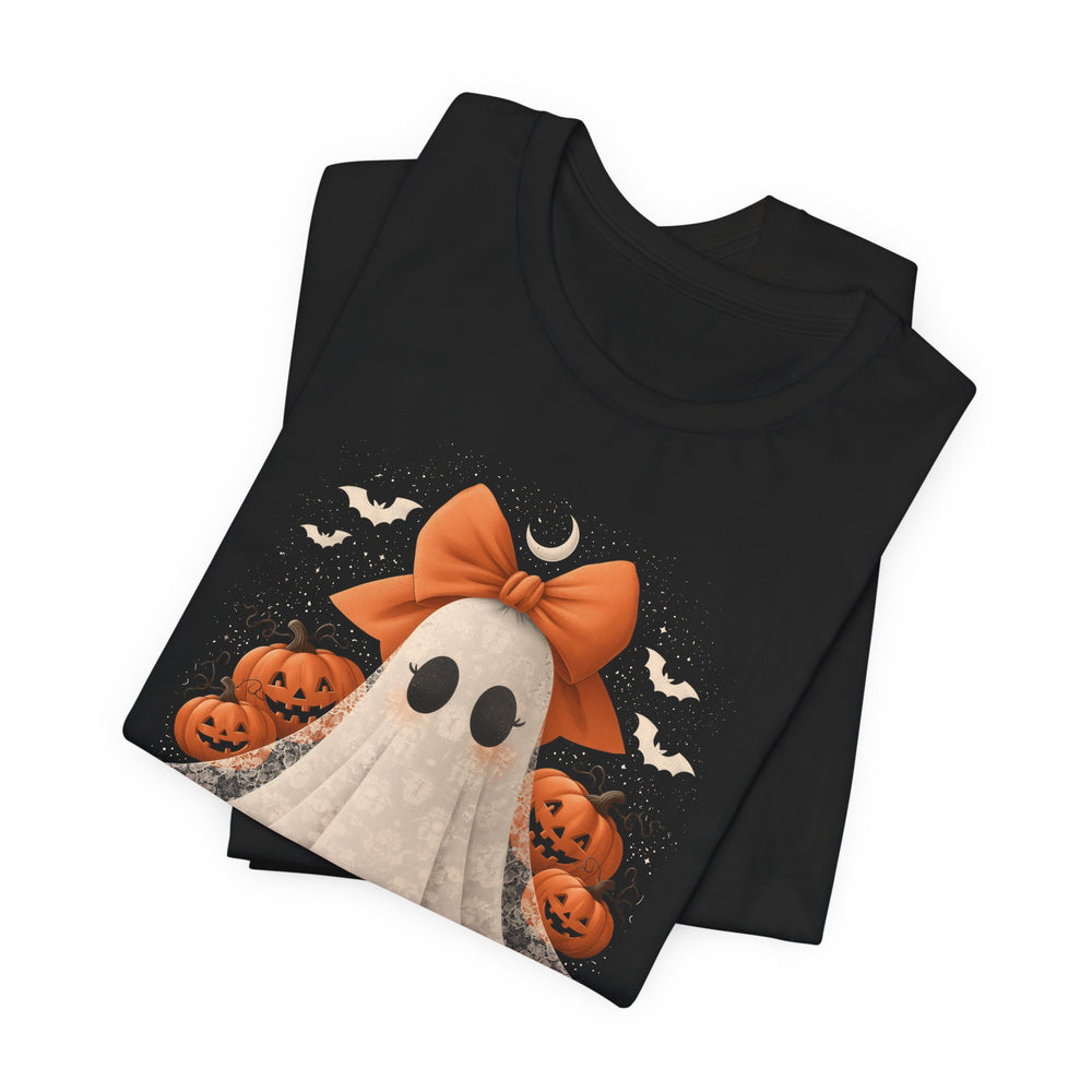 Lace Ghost With Pumpkins & Bow Women's Halloween Classic Fit Tee