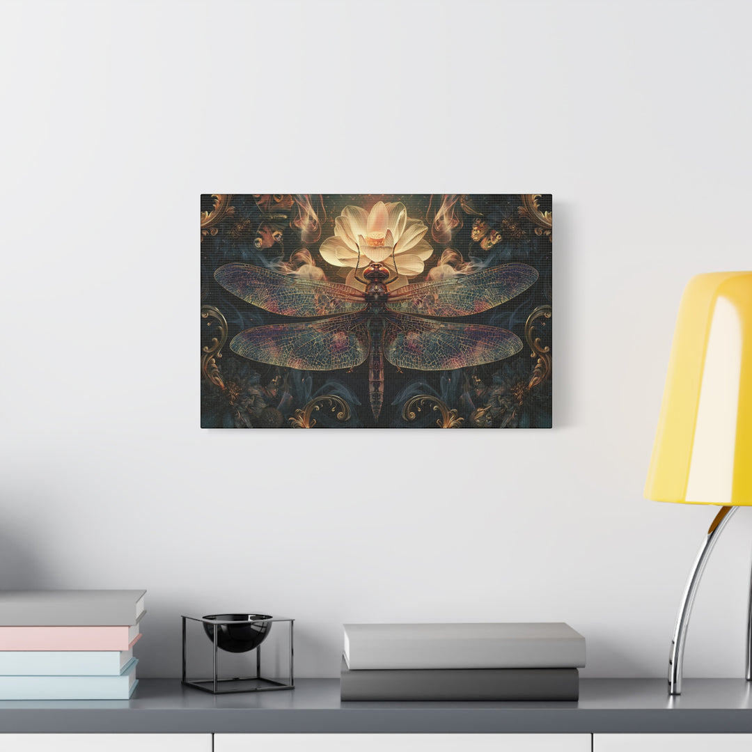 Dragonfly With Glowing Lotus &amp; Flora Canvas Wall Art
