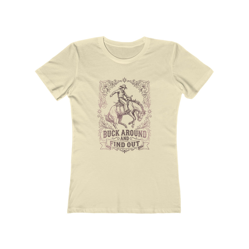 Buck Around Rodeo Western Cowgirl Womens L'Atomique Graphic Boyfriend Short Sleeve tee