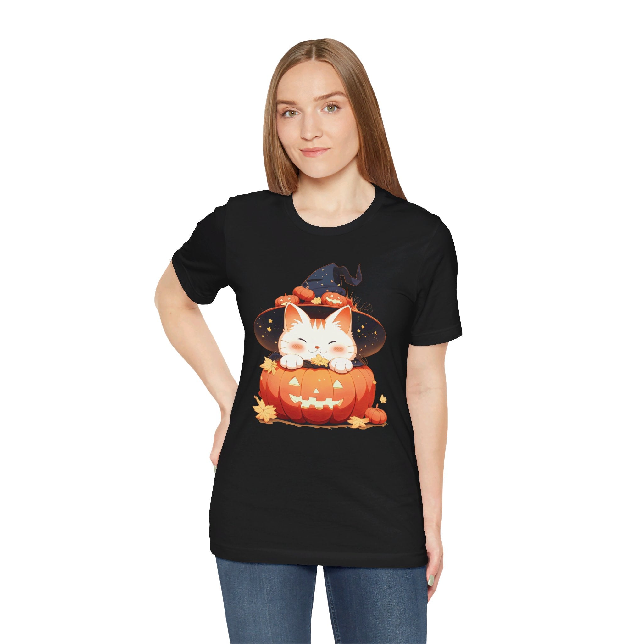 Cute Kitty Pumpkin Witch Womens Halloween Booteek Jersey Short Sleeve Tee