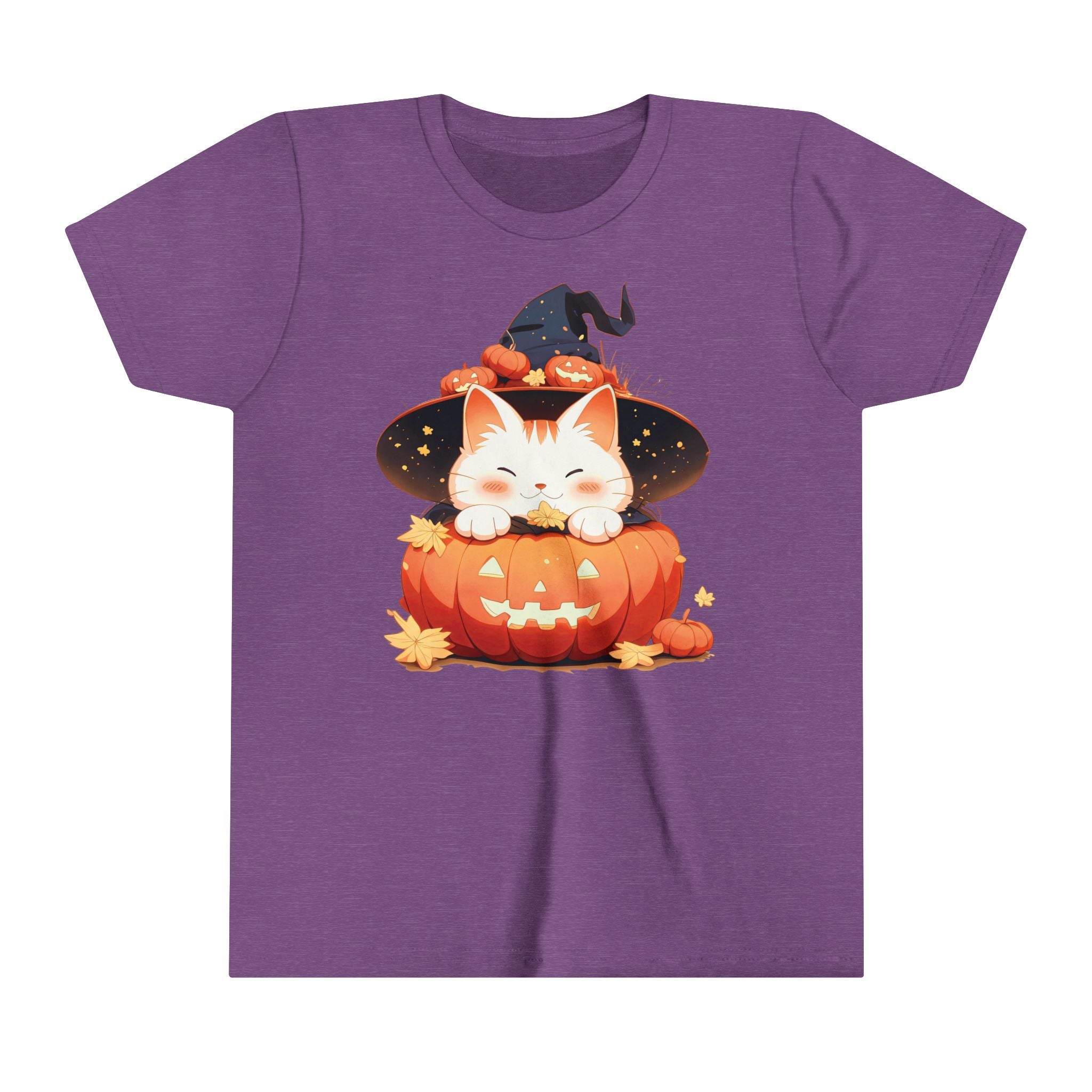 Cute Kitty Pumpkin Witch Girls Halloween Short Sleeve Tee