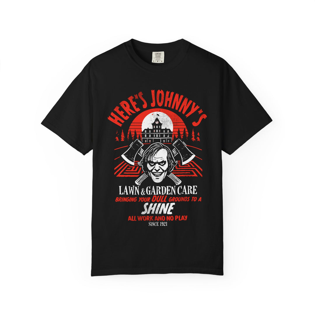 Here's Johnny's Garden & Lawn Care Mens WUNDERLAND Backyard Dept Halloween Booteek Short Sleeve Tee