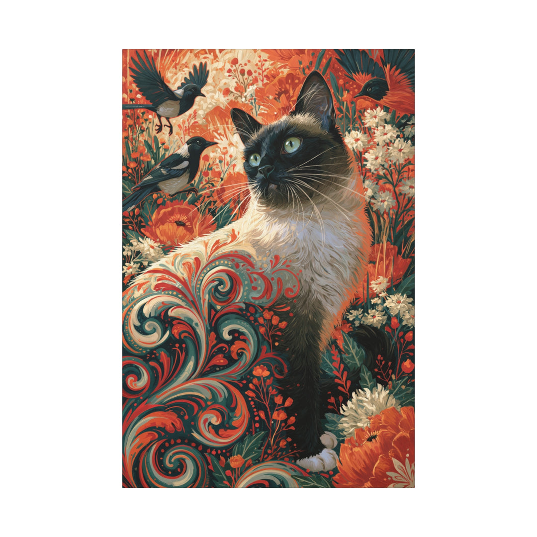 Vintage Siamese Cat in Floral Garden Canvas Wall Art