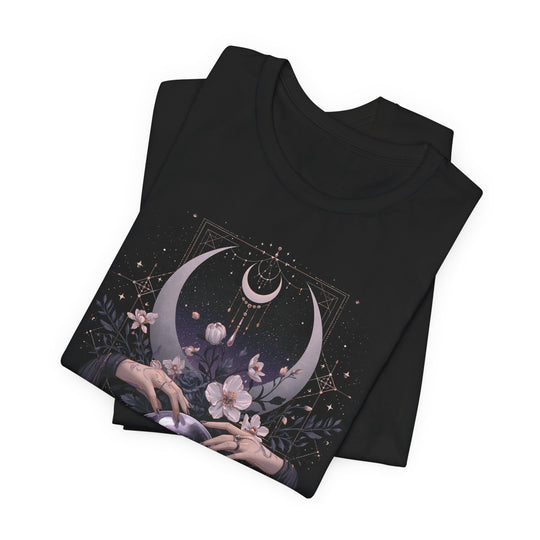 Mystic Moon Crystal Tee — Celestial Hands &amp; Crystal Ball Graphic T-Shirt