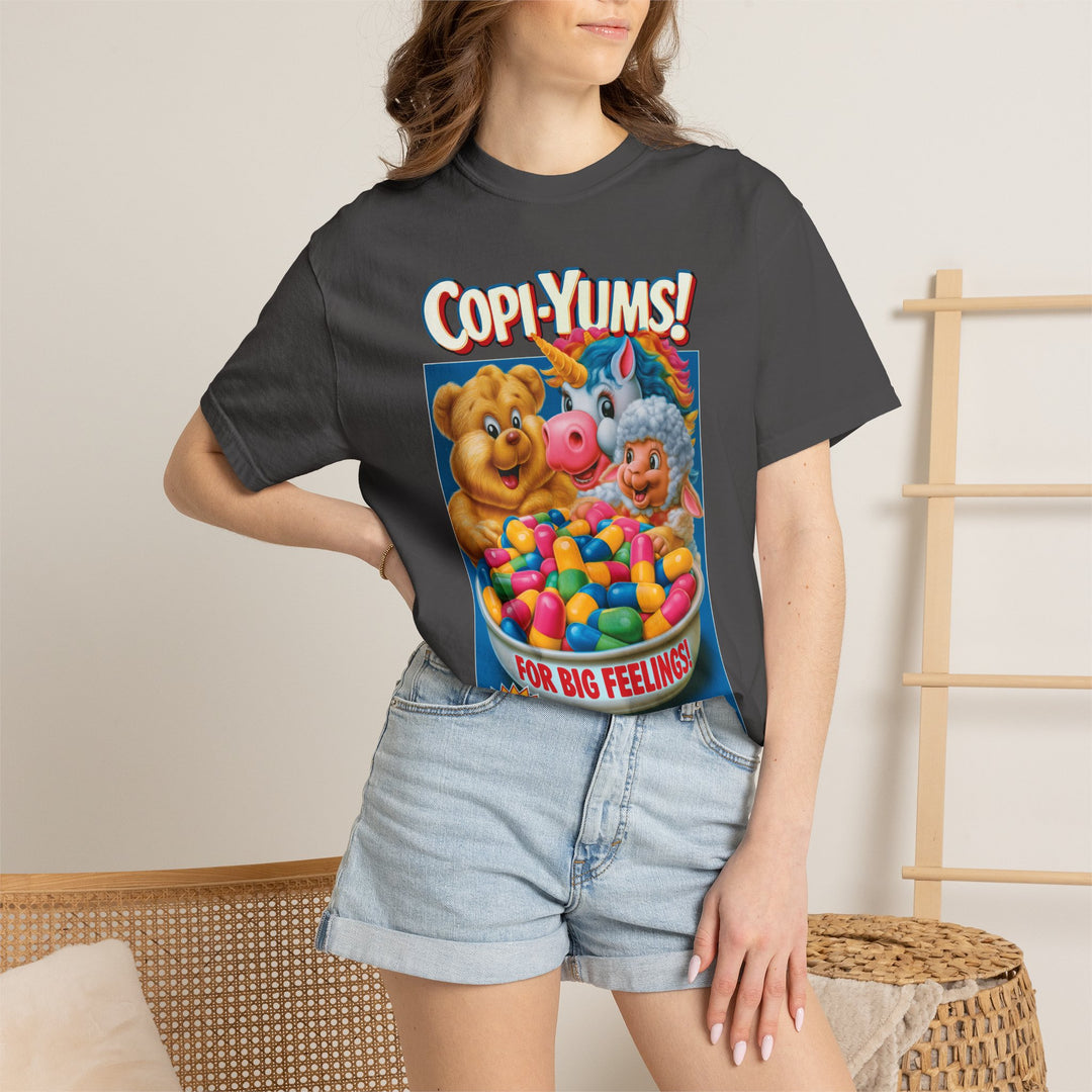 "Copi-Yums! For Big Feelings" Retro Cartoon Cereal Graphic Mens Skate ATOMYK Short Sleeve Tee