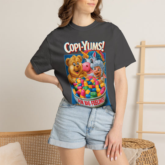 "Copi-Yums! For Big Feelings" Retro Cartoon Cereal Graphic Mens Skate ATOMYK Short Sleeve Tee