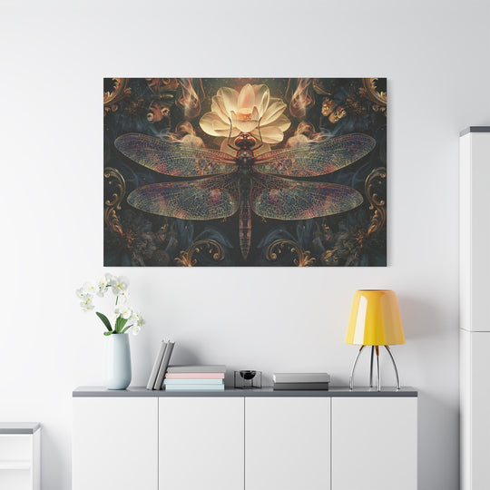 Dragonfly With Glowing Lotus &amp; Flora Canvas Wall Art