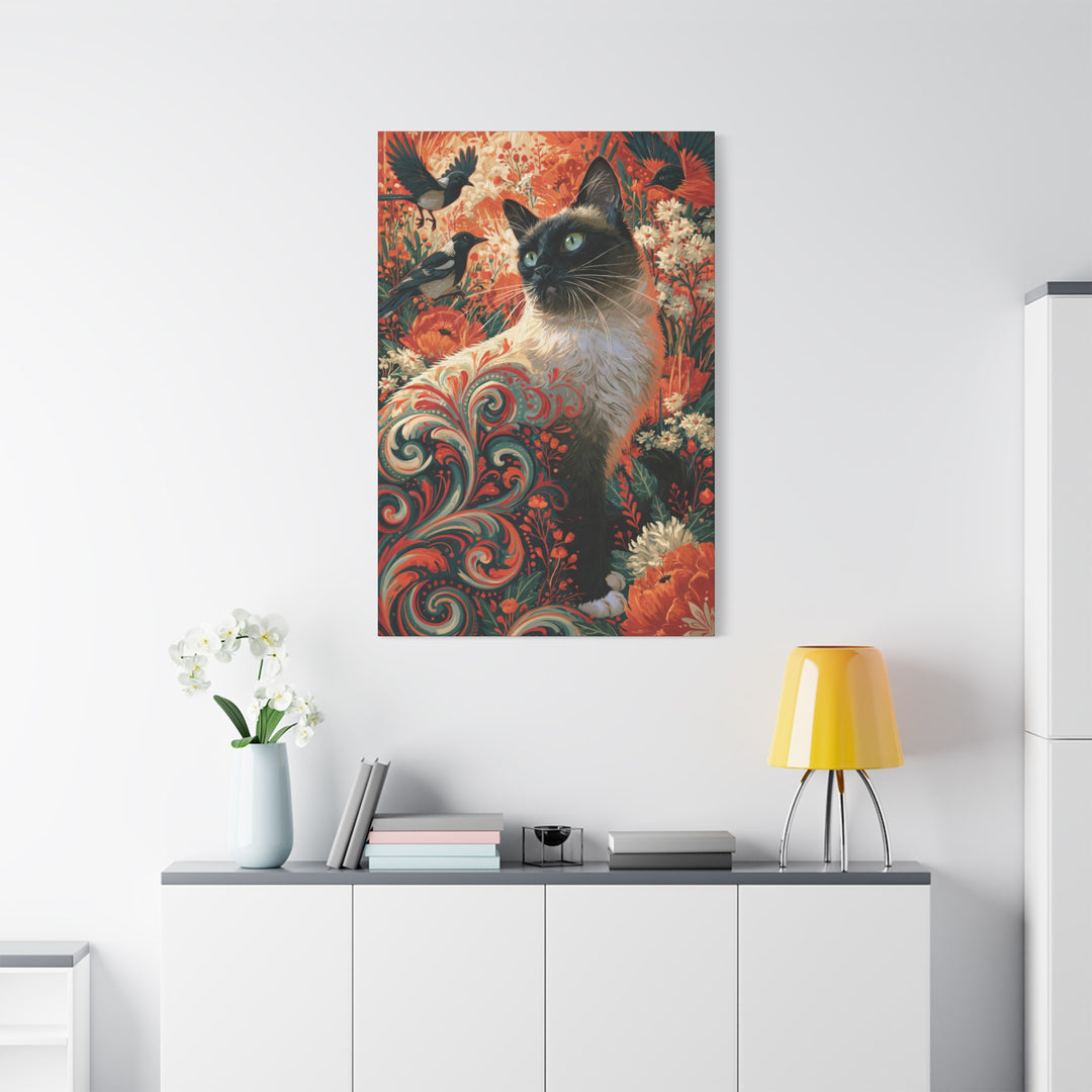 Vintage Siamese Cat in Floral Garden Canvas Wall Art