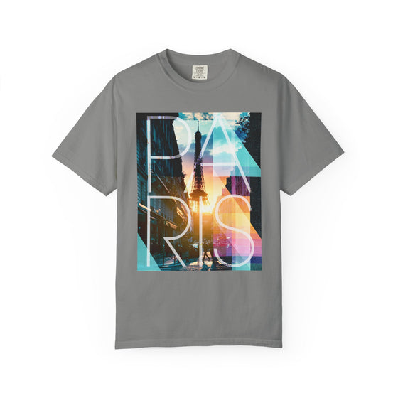 Paris Sunset Geo Eiffel Photo Womens L'Atomique Relaxed Fit Comfort Colors Graphic Tee