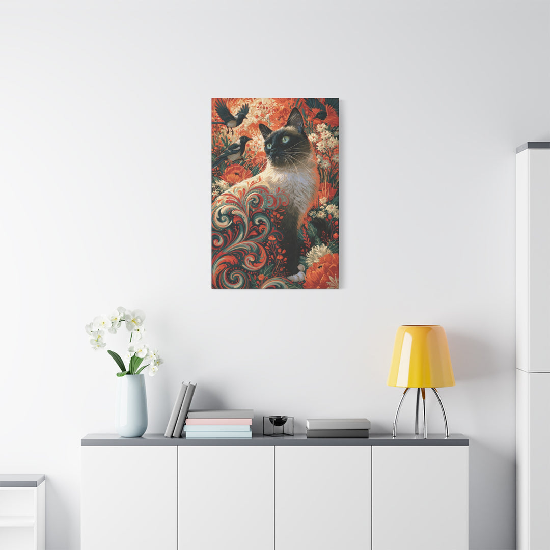 Vintage Siamese Cat in Floral Garden Canvas Wall Art