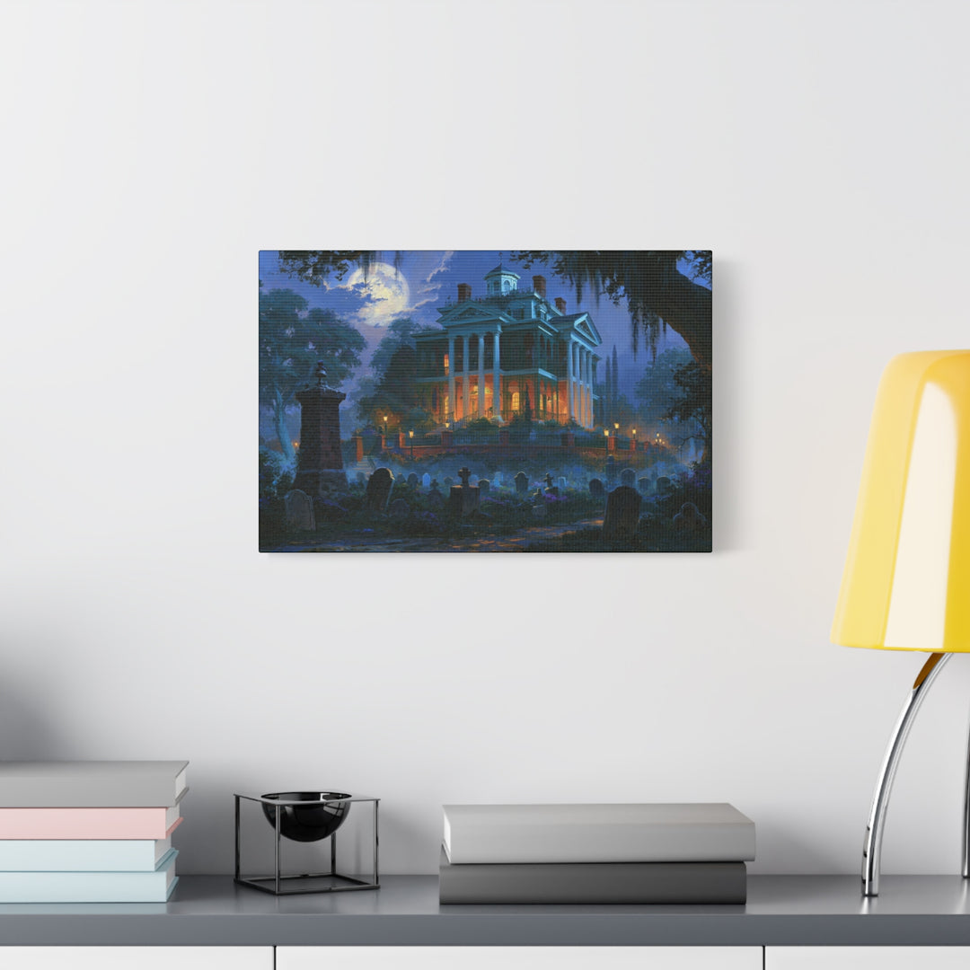 Haunted Southern Mansion Matte Canvas Wall Art — Spooky Night Cemetery Print Matte Stretched Canvas Wall Art