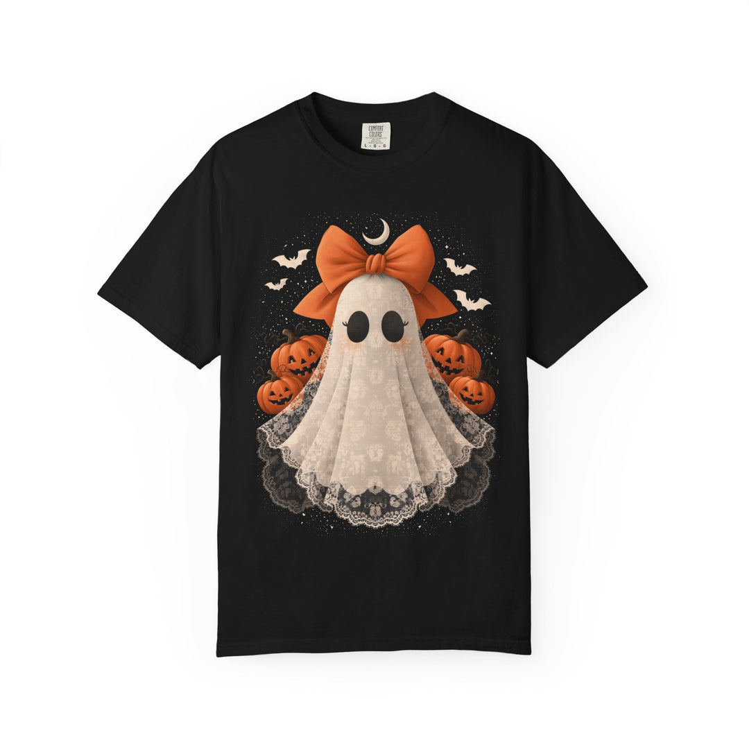 Cute Lace Ghost with Pumpkins &amp; Bow Womens WUNDERLAND Halloween Booteek Short Sleeve Tee
