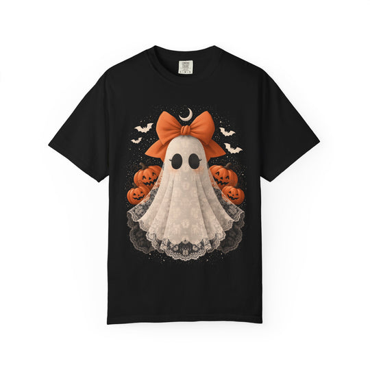 Cute Lace Ghost with Pumpkins &amp; Bow Womens WUNDERLAND Halloween Booteek Short Sleeve Tee