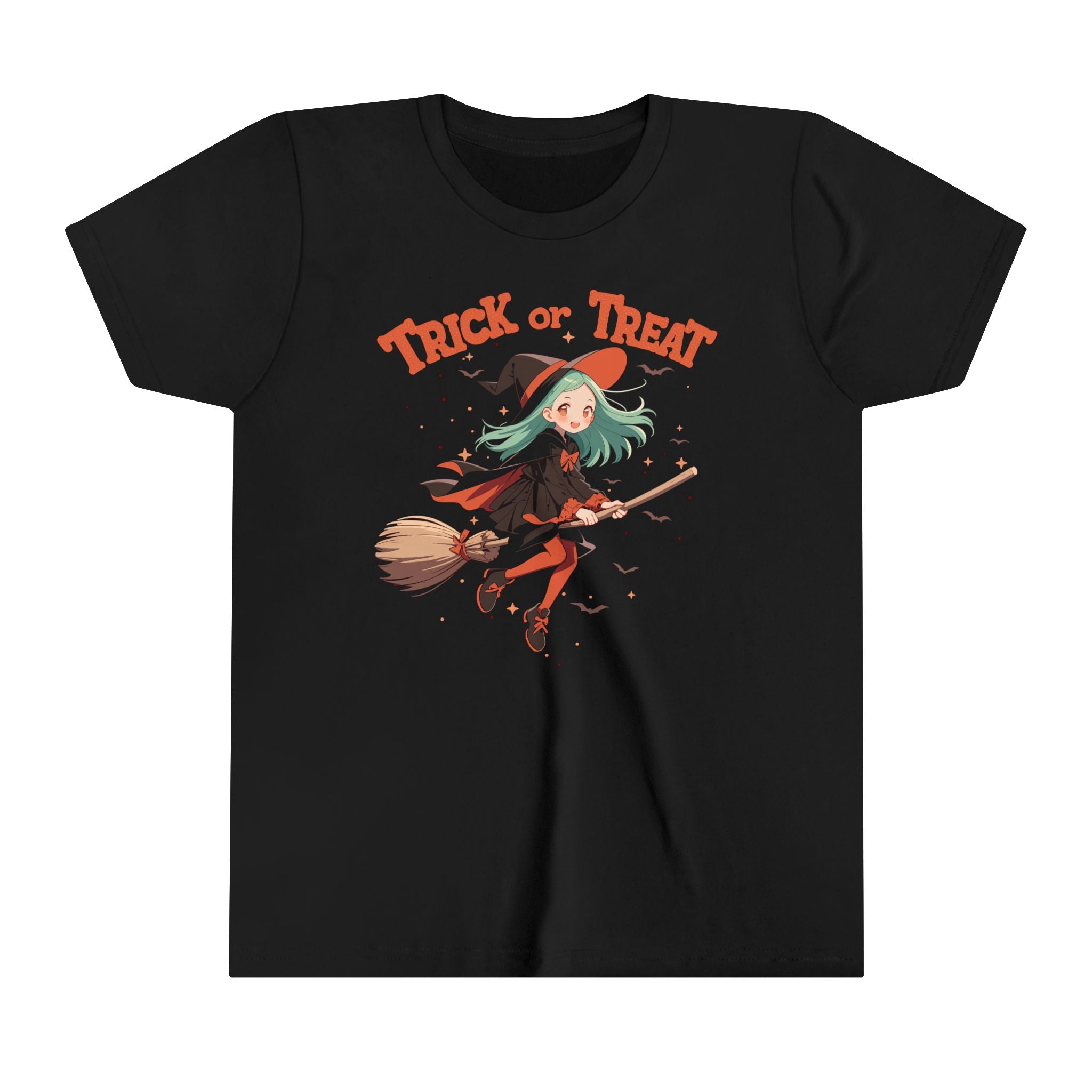 Trick Or Treat Flying Witch On Broom Cauldron Girls Halloween Short Sleeve Tee