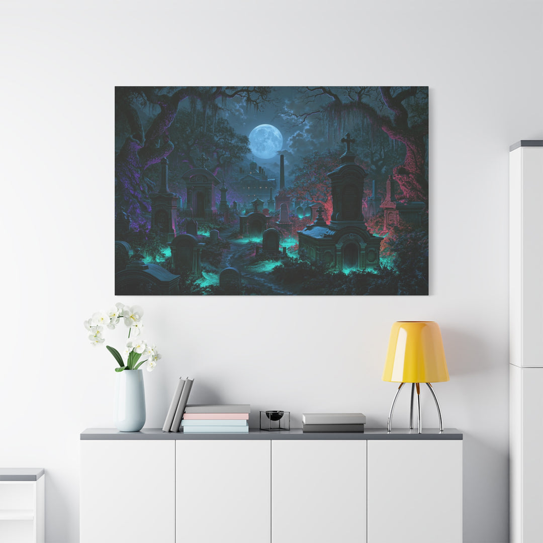 Haunted Crypts Spooky Night Cemetery Print Matte Stretched Canvas Wall Art