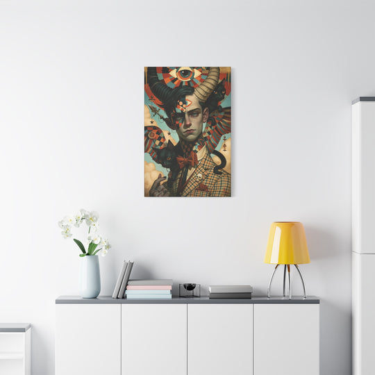 Surreal Gentleman Portrait Matte Canvas Wall Art — Horned Man with Black Cats