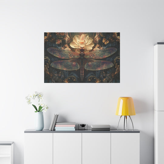 Dragonfly With Glowing Lotus &amp; Flora Canvas Wall Art